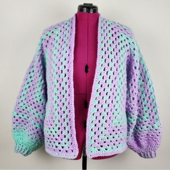 Hexagon Cardigan Handmade Crochet Open Front Sweater Premium Acrylic OS - Picture 16 of 16